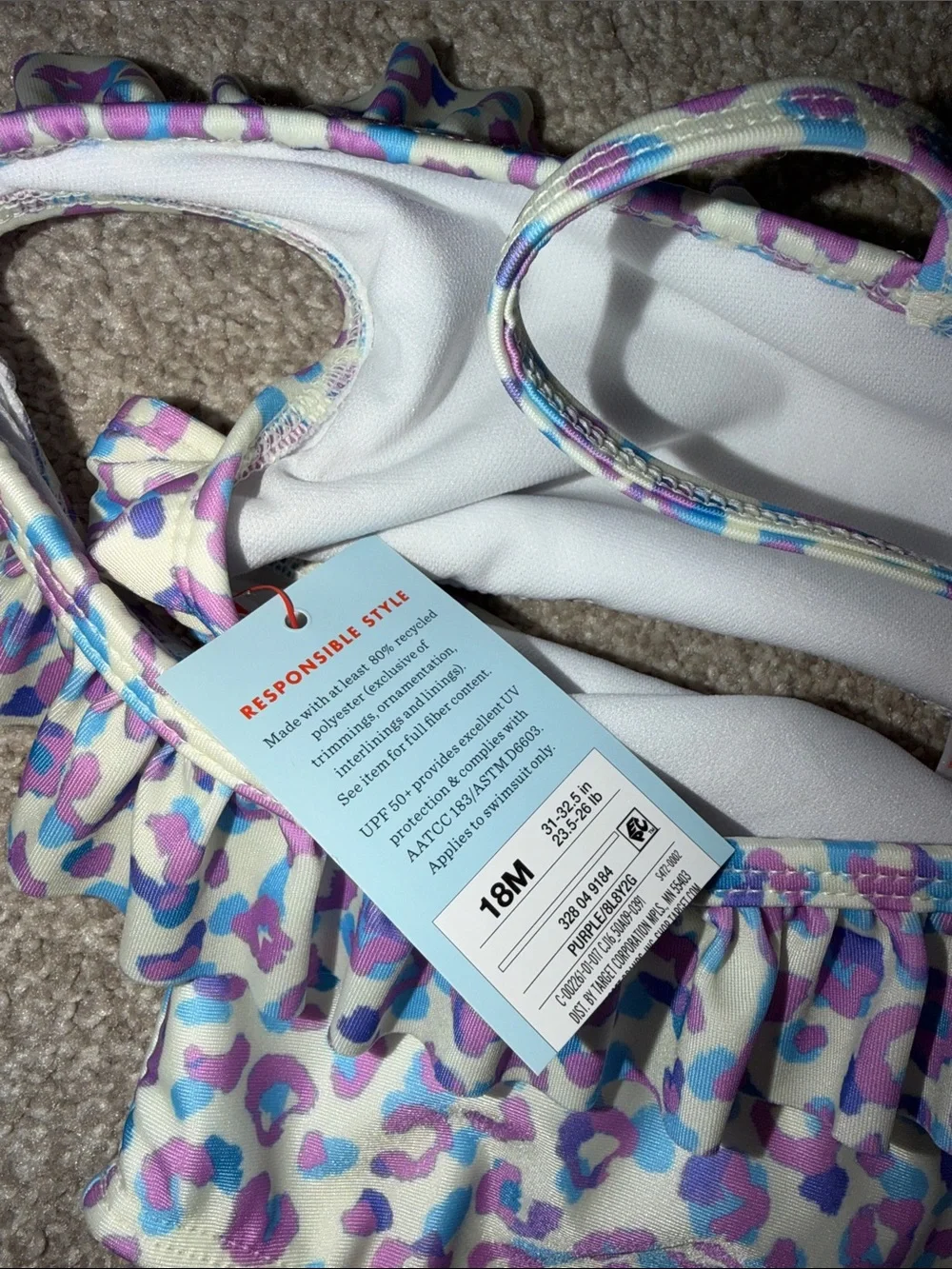 NWT Infant Girls 2 piece leopard print one shoulder swimsuit size 18 month